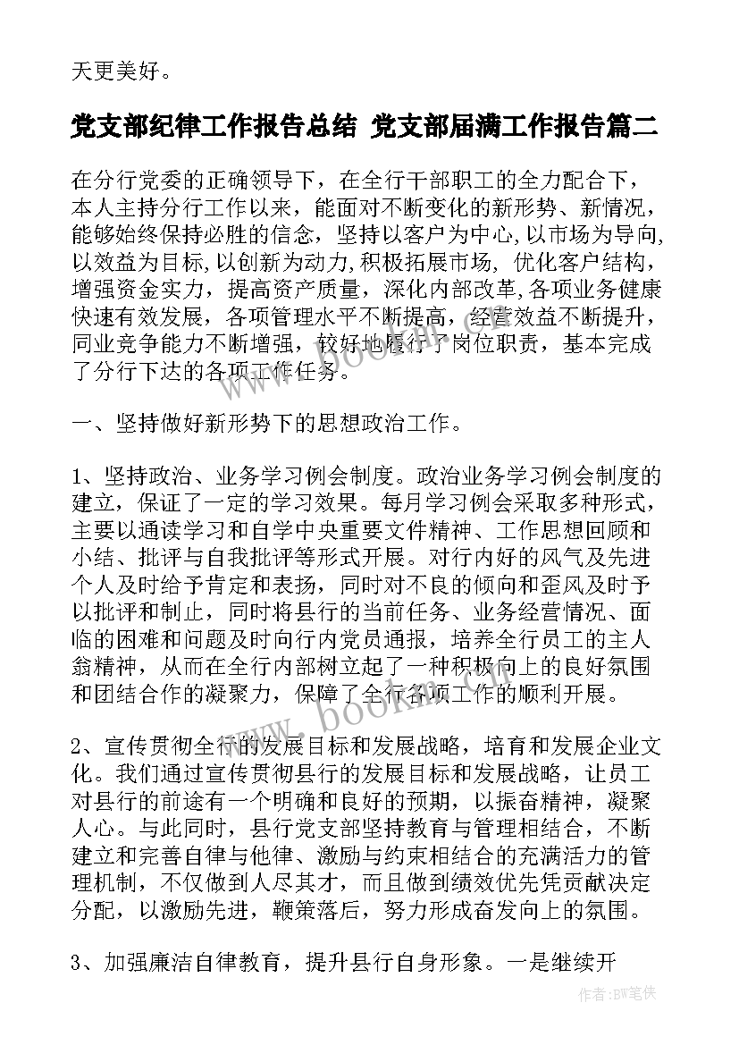 2023年党支部纪律工作报告总结 党支部届满工作报告(优秀6篇)