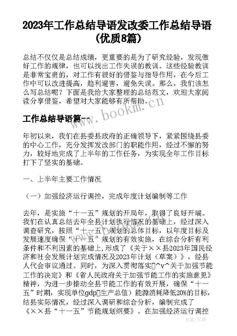 2023年工作总结导语 发改委工作总结导语(优质8篇)