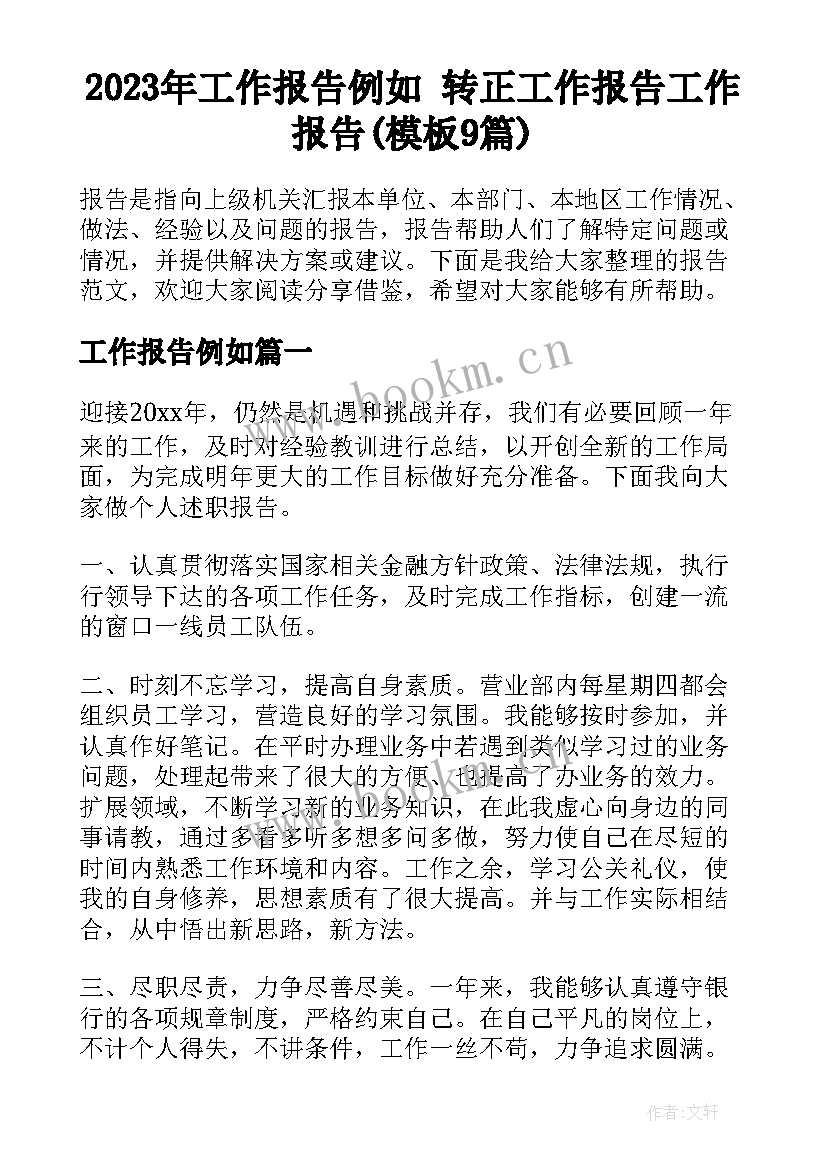 2023年工作报告例如 转正工作报告工作报告(模板9篇)