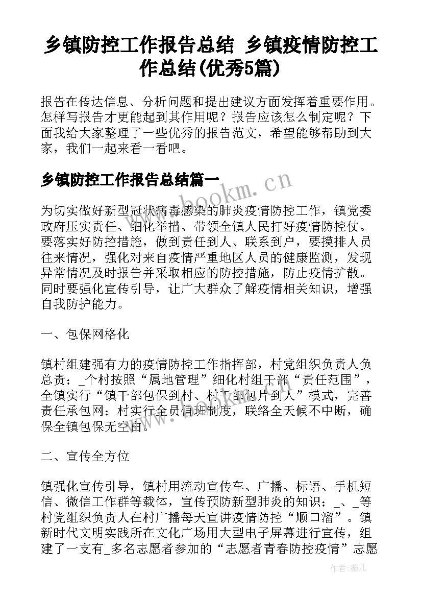 乡镇防控工作报告总结 乡镇疫情防控工作总结(优秀5篇)