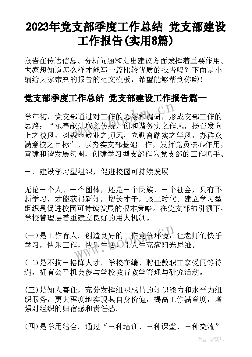 2023年党支部季度工作总结 党支部建设工作报告(实用8篇)