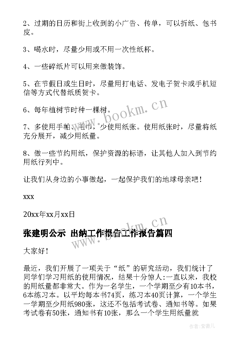 2023年张建明公示 出纳工作报告工作报告(模板6篇)