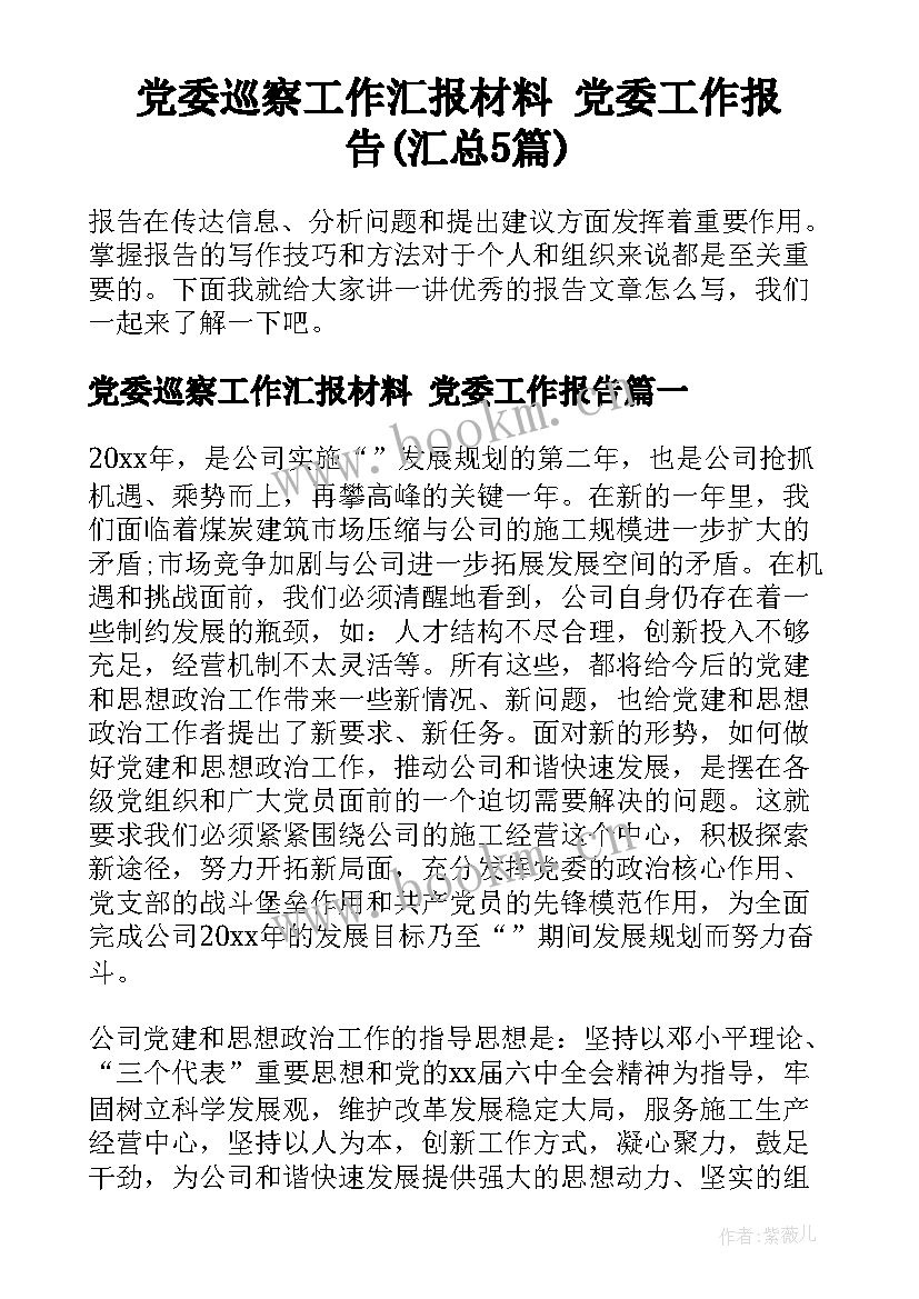 党委巡察工作汇报材料 党委工作报告(汇总5篇)