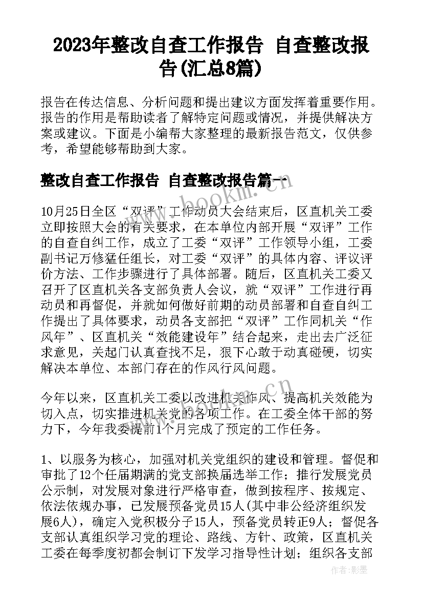 2023年整改自查工作报告 自查整改报告(汇总8篇)