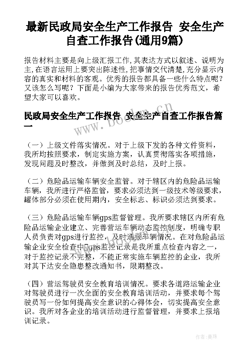 最新民政局安全生产工作报告 安全生产自查工作报告(通用9篇)