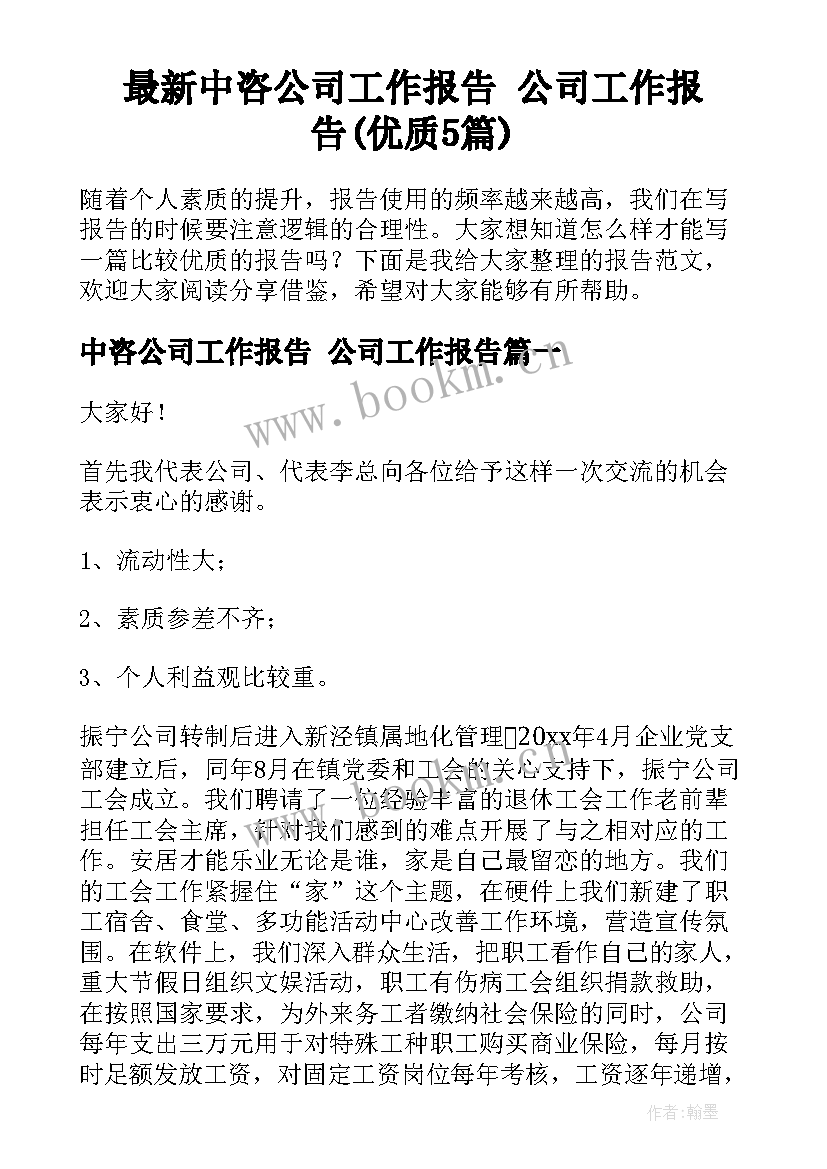 最新中咨公司工作报告 公司工作报告(优质5篇)