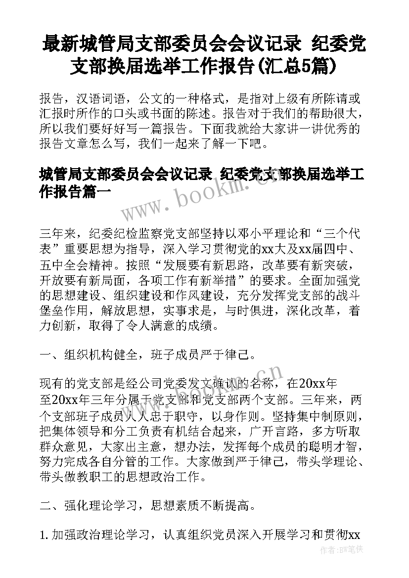 最新城管局支部委员会会议记录 纪委党支部换届选举工作报告(汇总5篇)