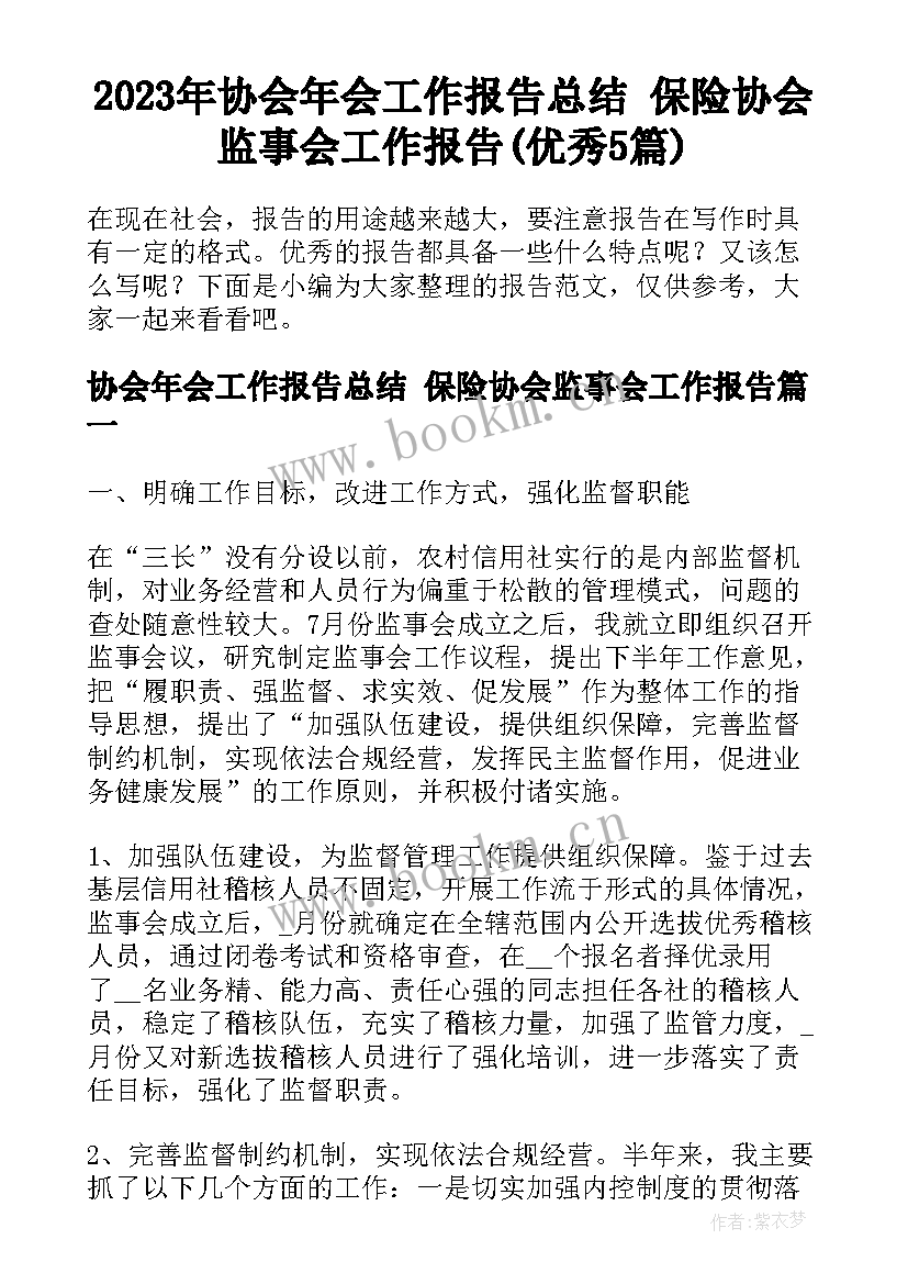 2023年协会年会工作报告总结 保险协会监事会工作报告(优秀5篇)