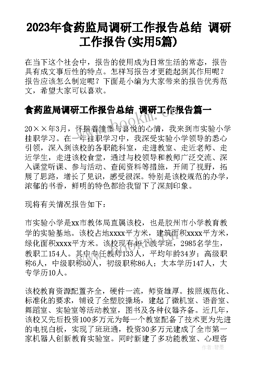 2023年食药监局调研工作报告总结 调研工作报告(实用5篇)