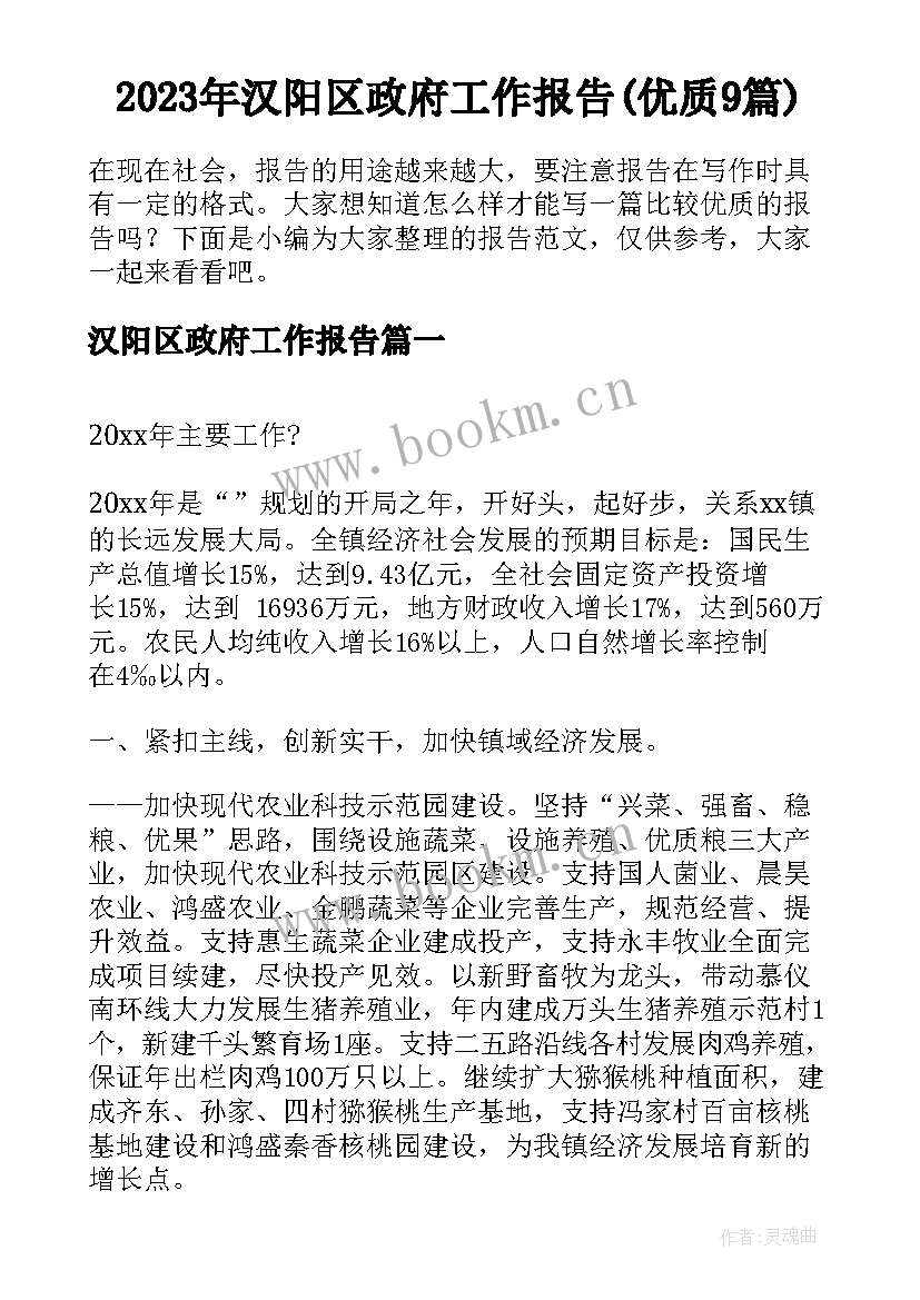 2023年汉阳区政府工作报告(优质9篇)