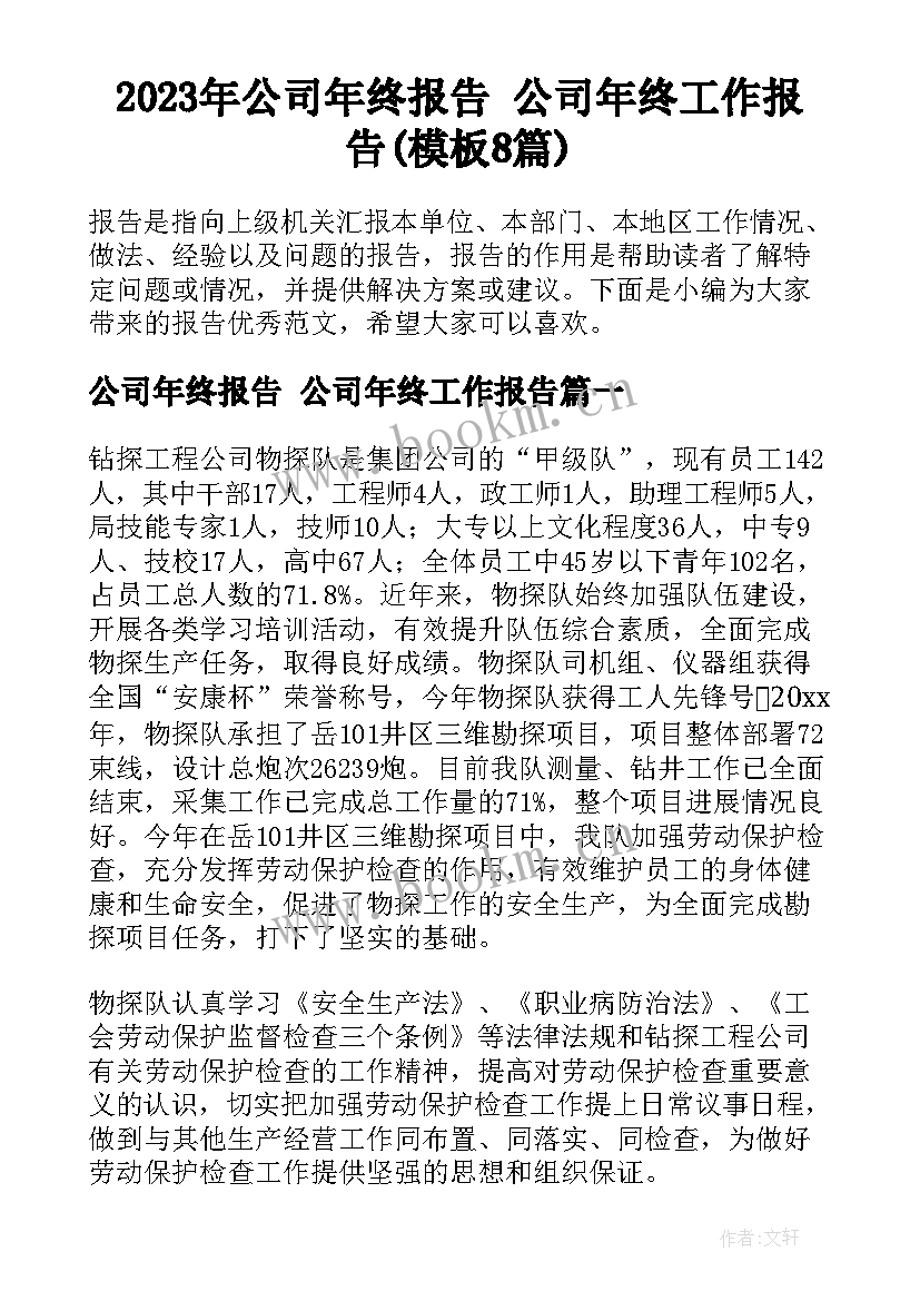 2023年公司年终报告 公司年终工作报告(模板8篇)