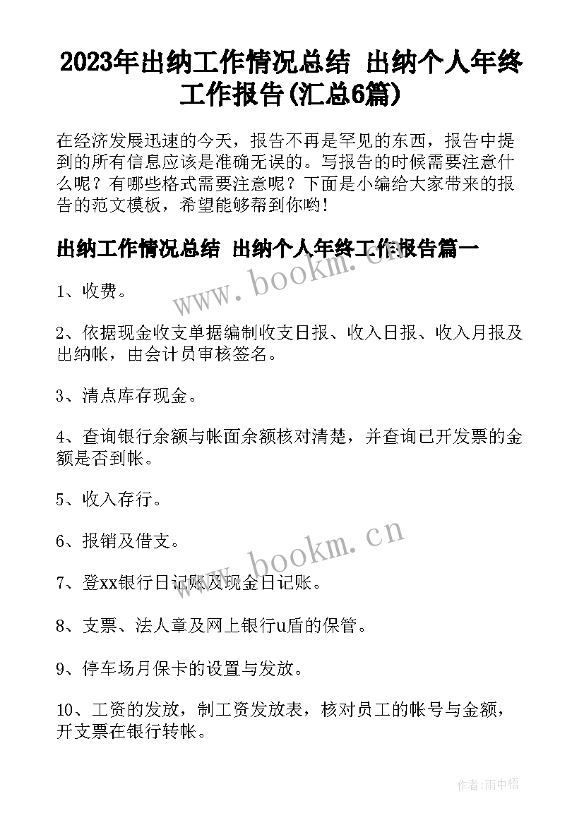 2023年出纳工作情况总结 出纳个人年终工作报告(汇总6篇)