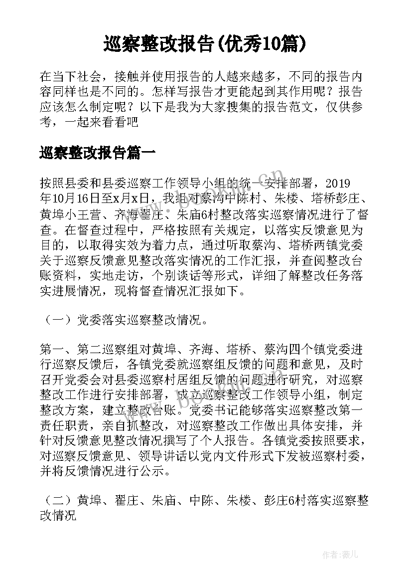 巡察整改报告(优秀10篇)