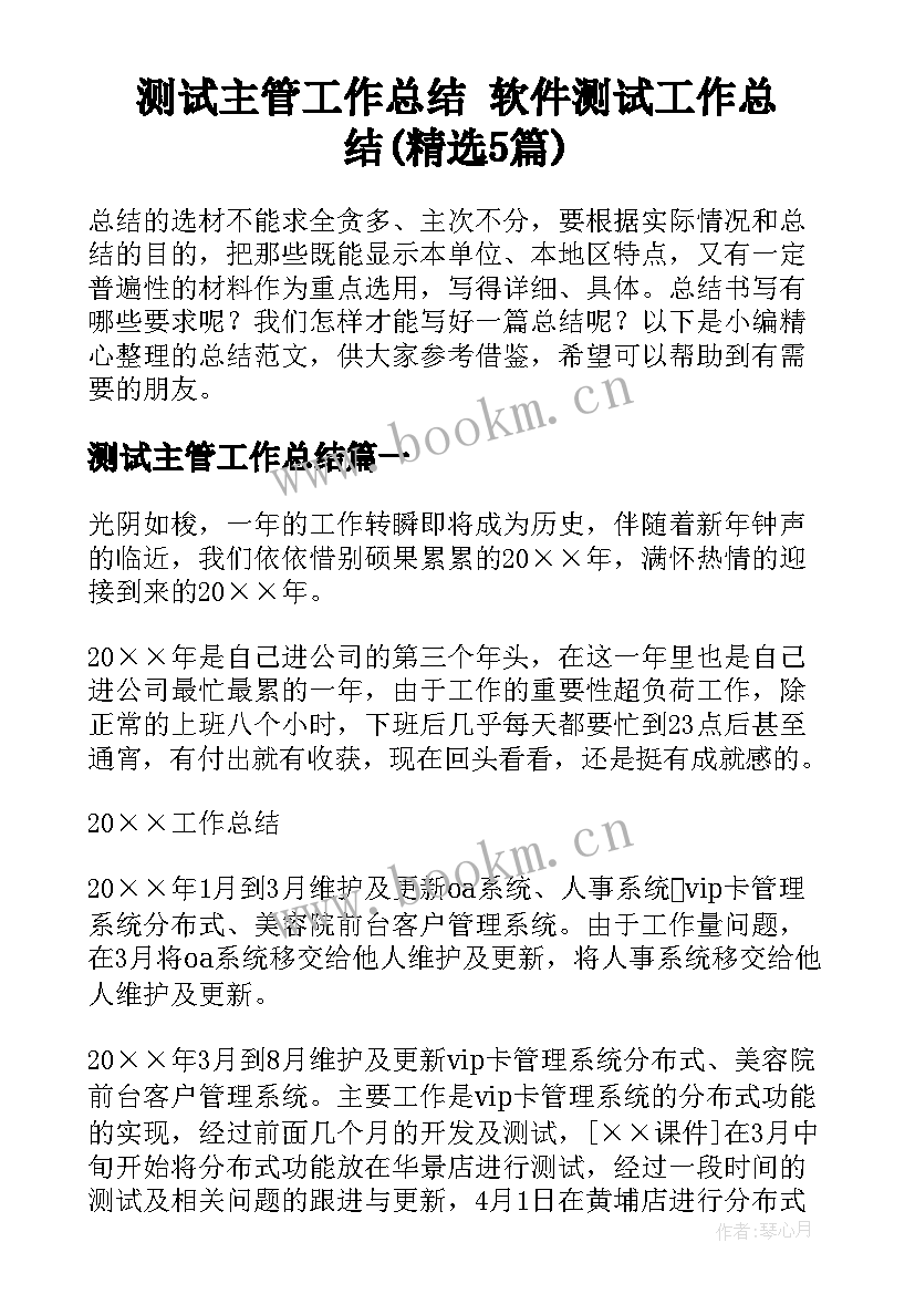 测试主管工作总结 软件测试工作总结(精选5篇)