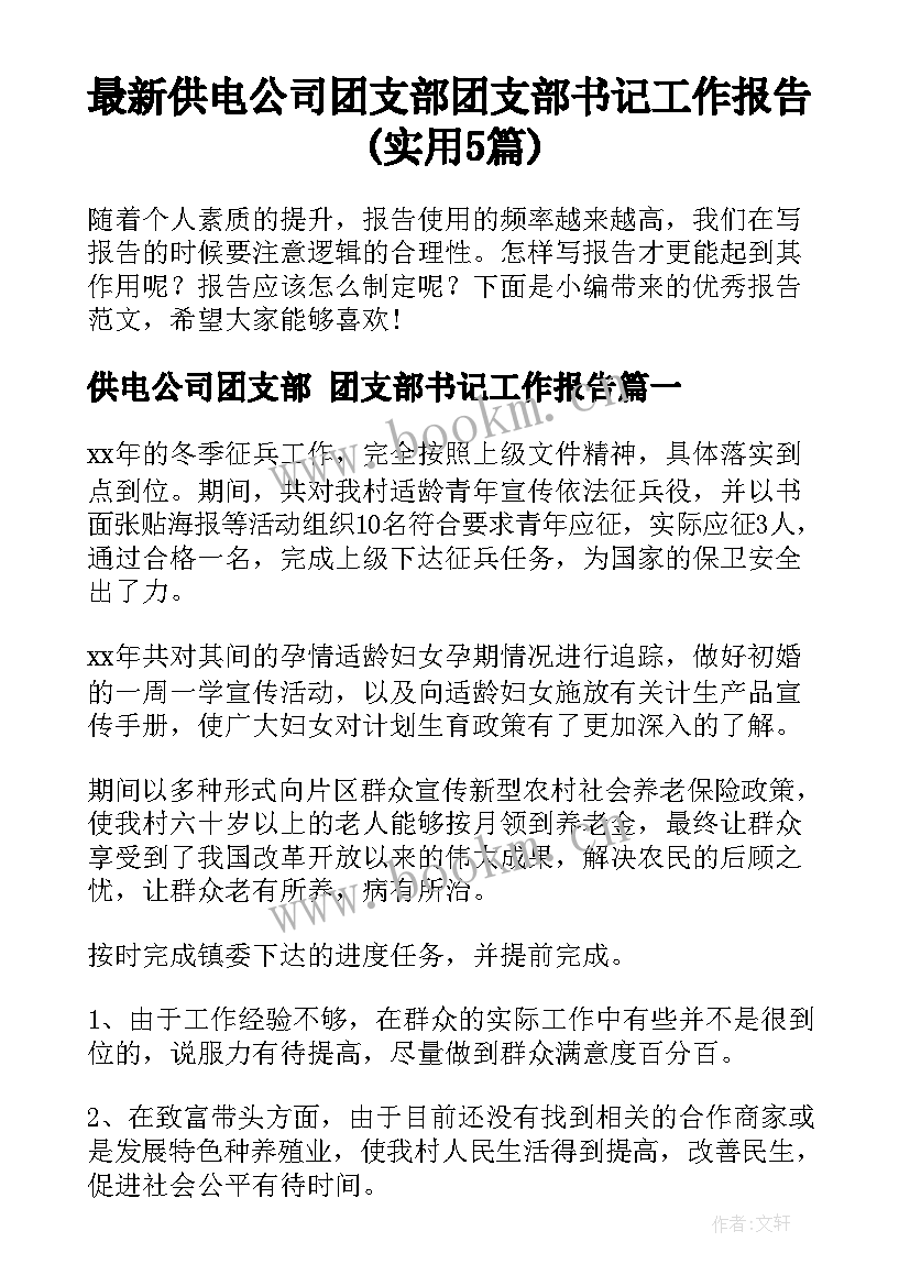 最新供电公司团支部 团支部书记工作报告(实用5篇)