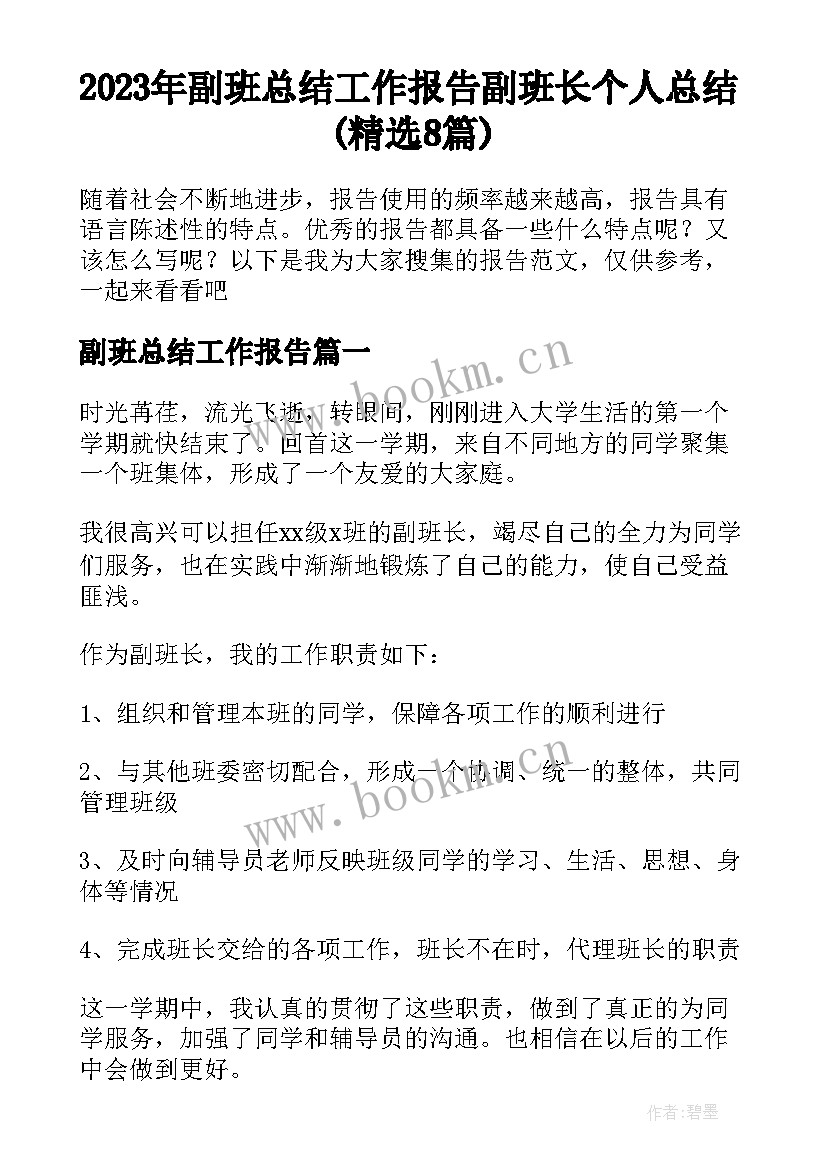 2023年副班总结工作报告 副班长个人总结(精选8篇)