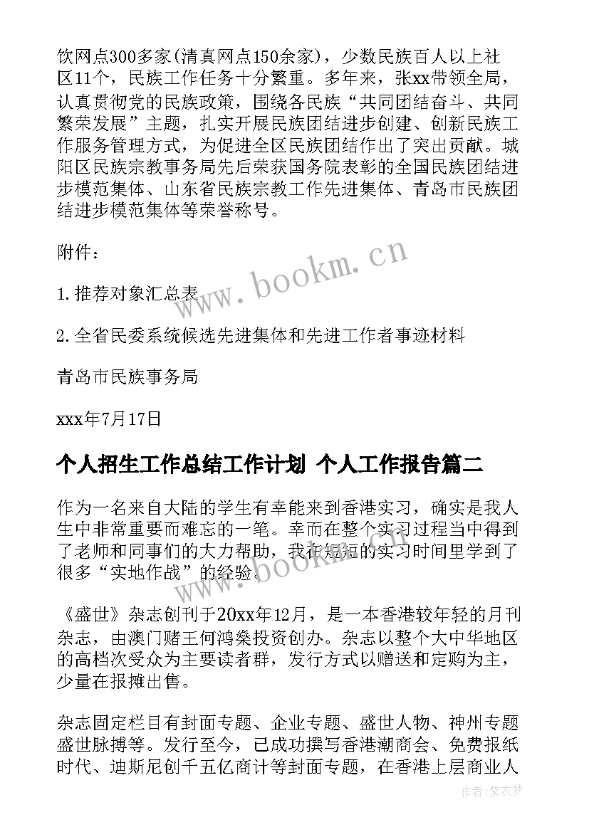 2023年个人招生工作总结工作计划 个人工作报告(通用6篇)