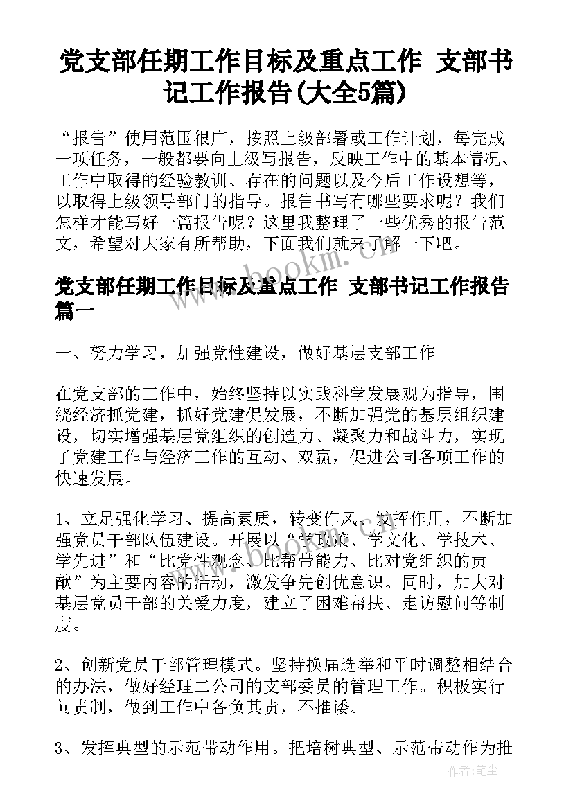 党支部任期工作目标及重点工作 支部书记工作报告(大全5篇)