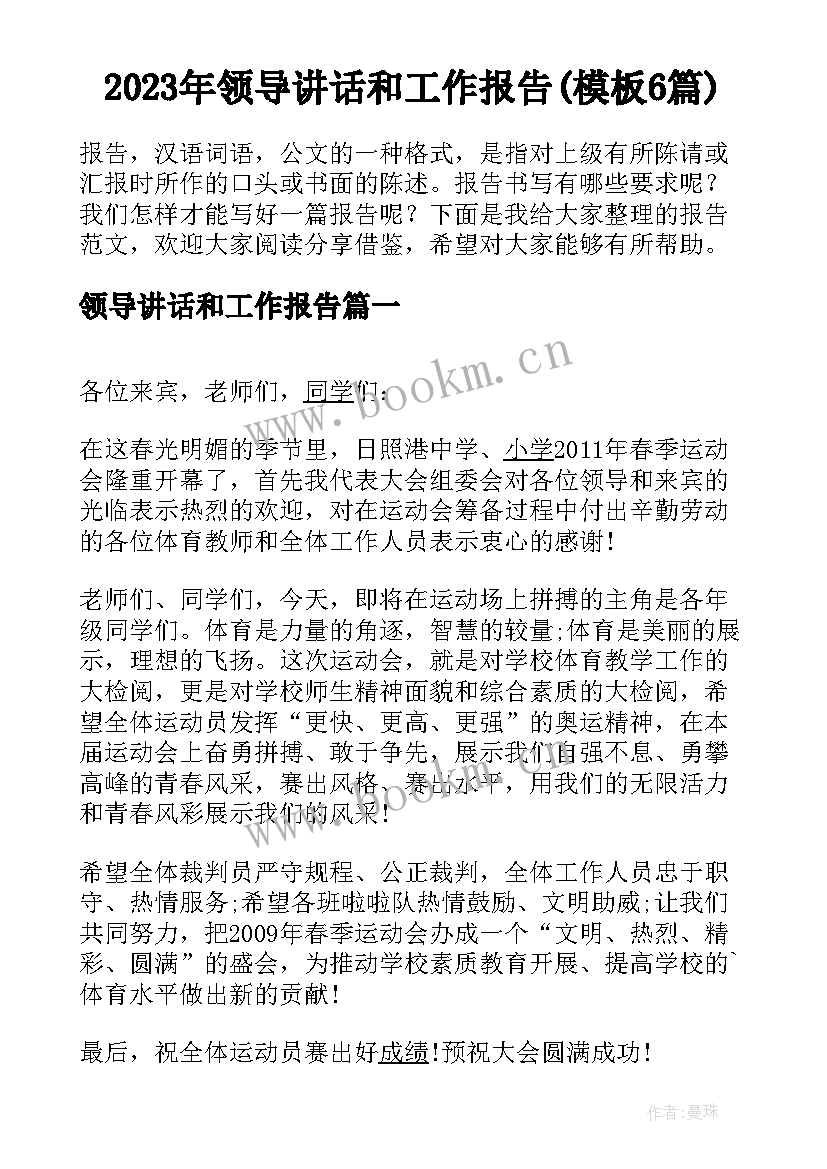 2023年领导讲话和工作报告(模板6篇)