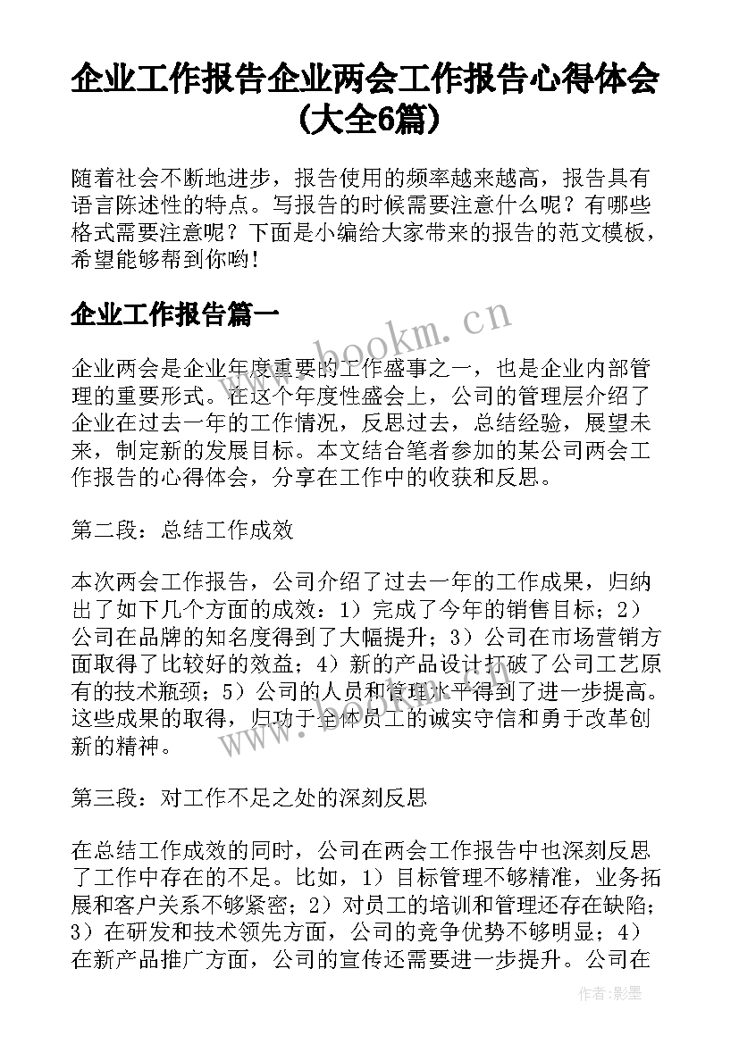 企业工作报告 企业两会工作报告心得体会(大全6篇)