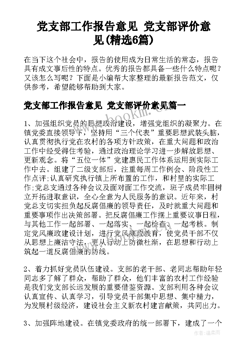 党支部工作报告意见 党支部评价意见(精选6篇)