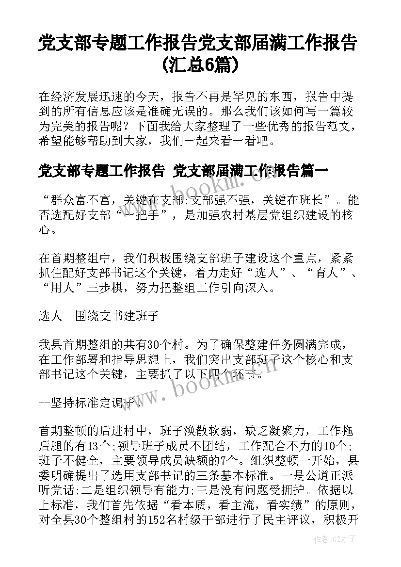 党支部专题工作报告 党支部届满工作报告(汇总6篇)