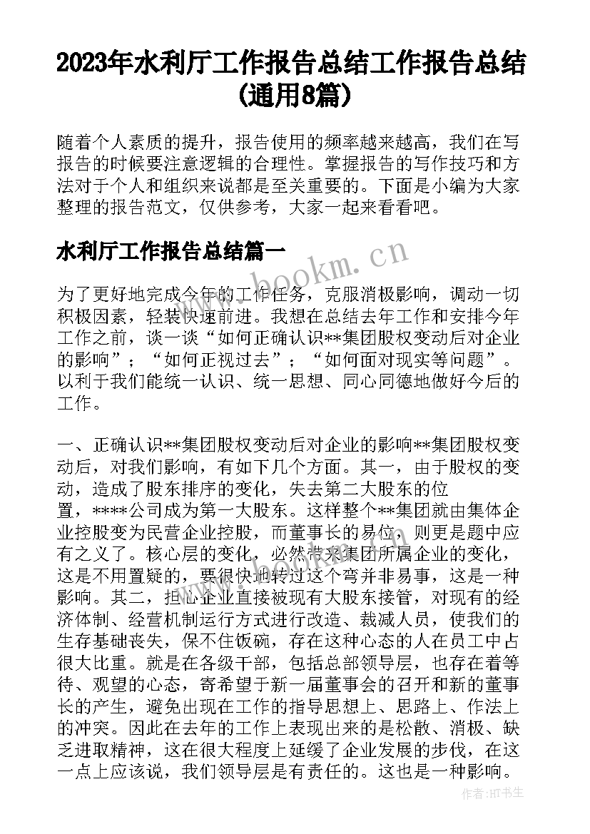 2023年水利厅工作报告总结 工作报告总结(通用8篇)