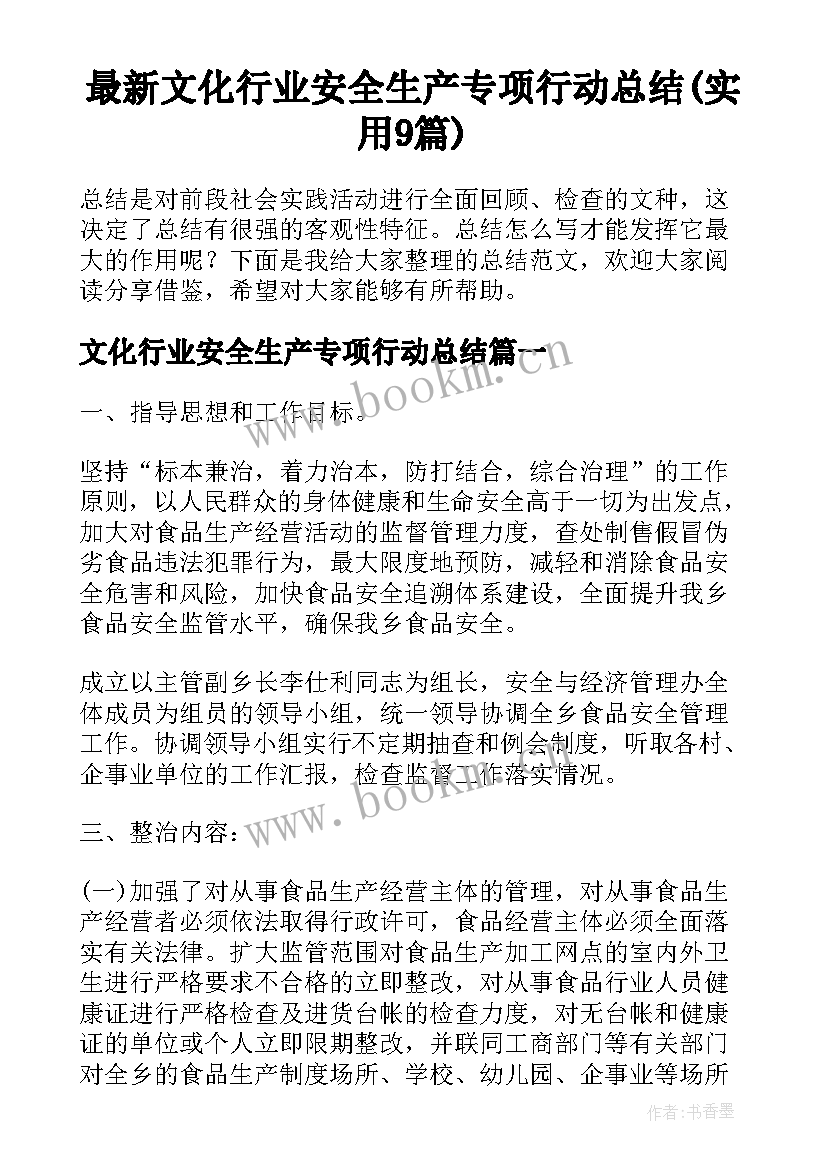 最新文化行业安全生产专项行动总结(实用9篇)