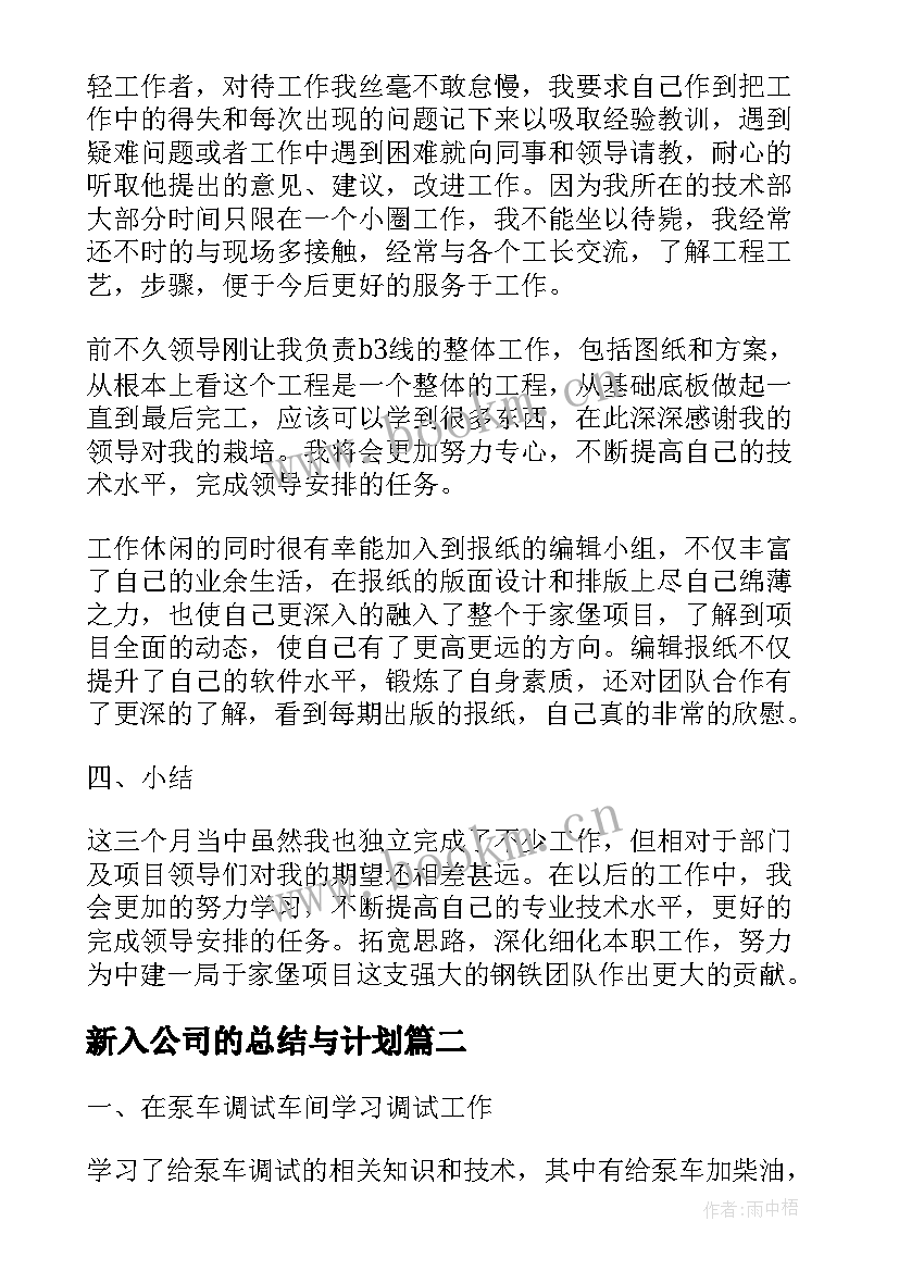 最新新入公司的总结与计划(通用8篇)