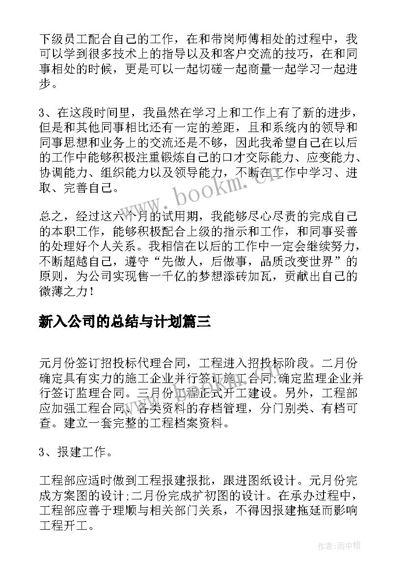 最新新入公司的总结与计划(通用8篇)