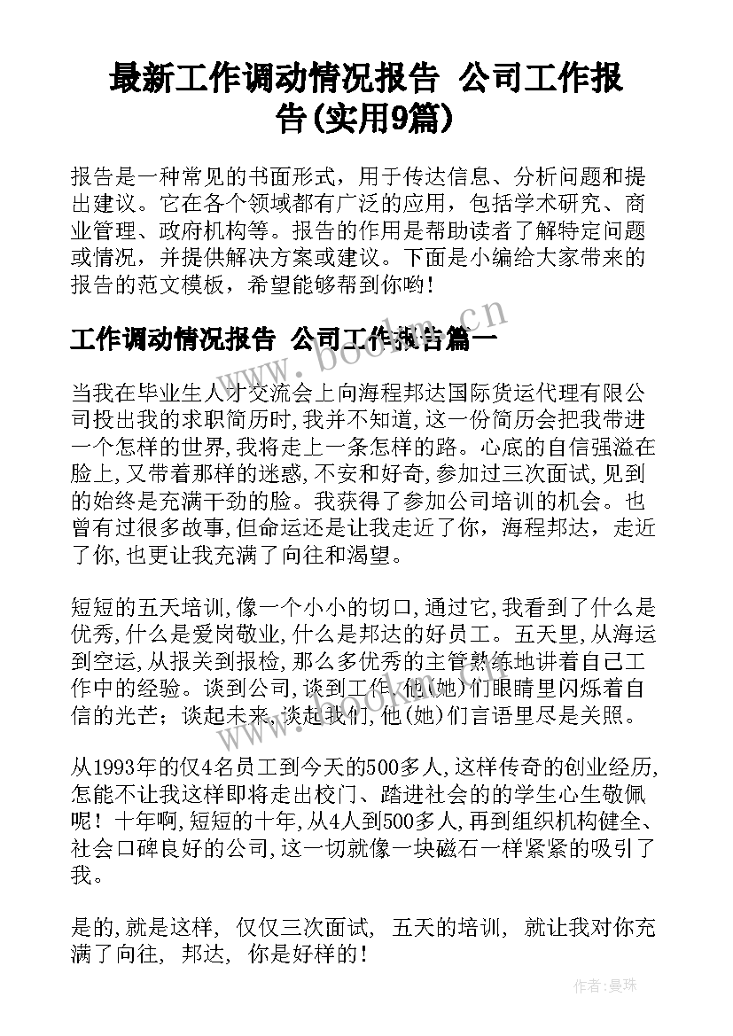 最新工作调动情况报告 公司工作报告(实用9篇)