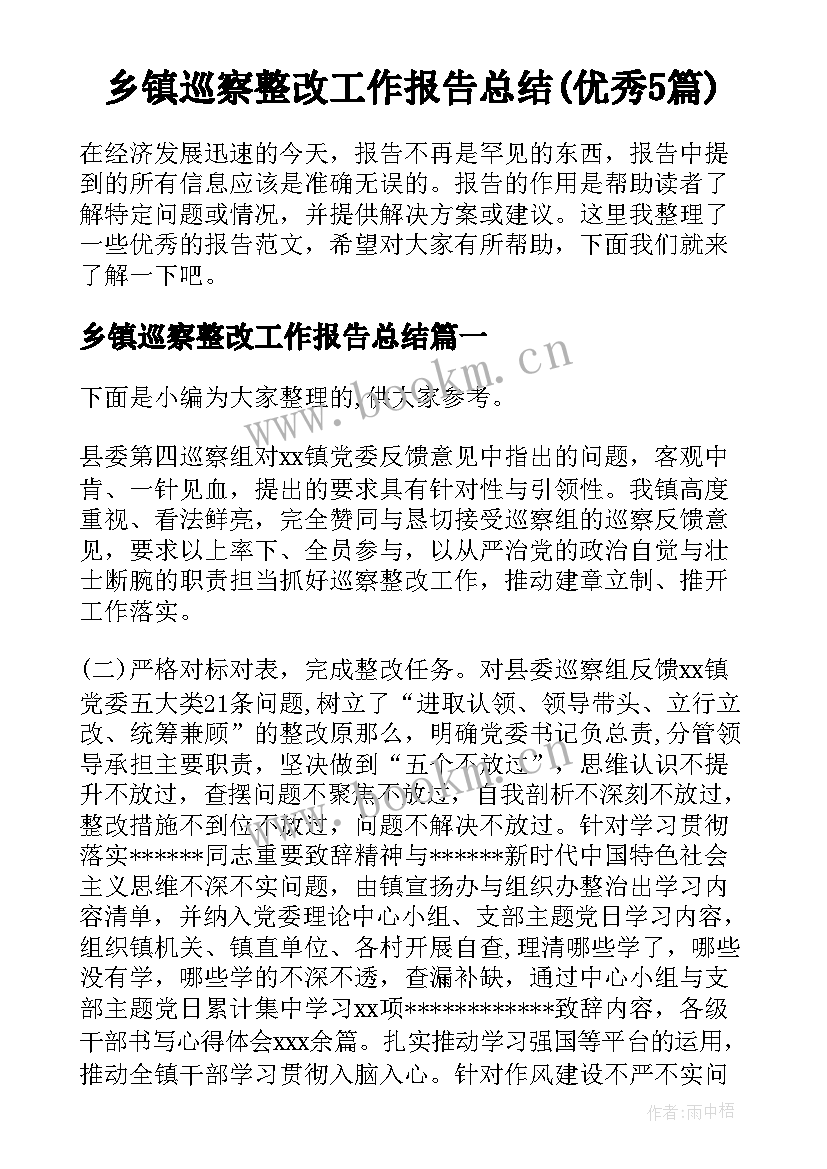 乡镇巡察整改工作报告总结(优秀5篇)