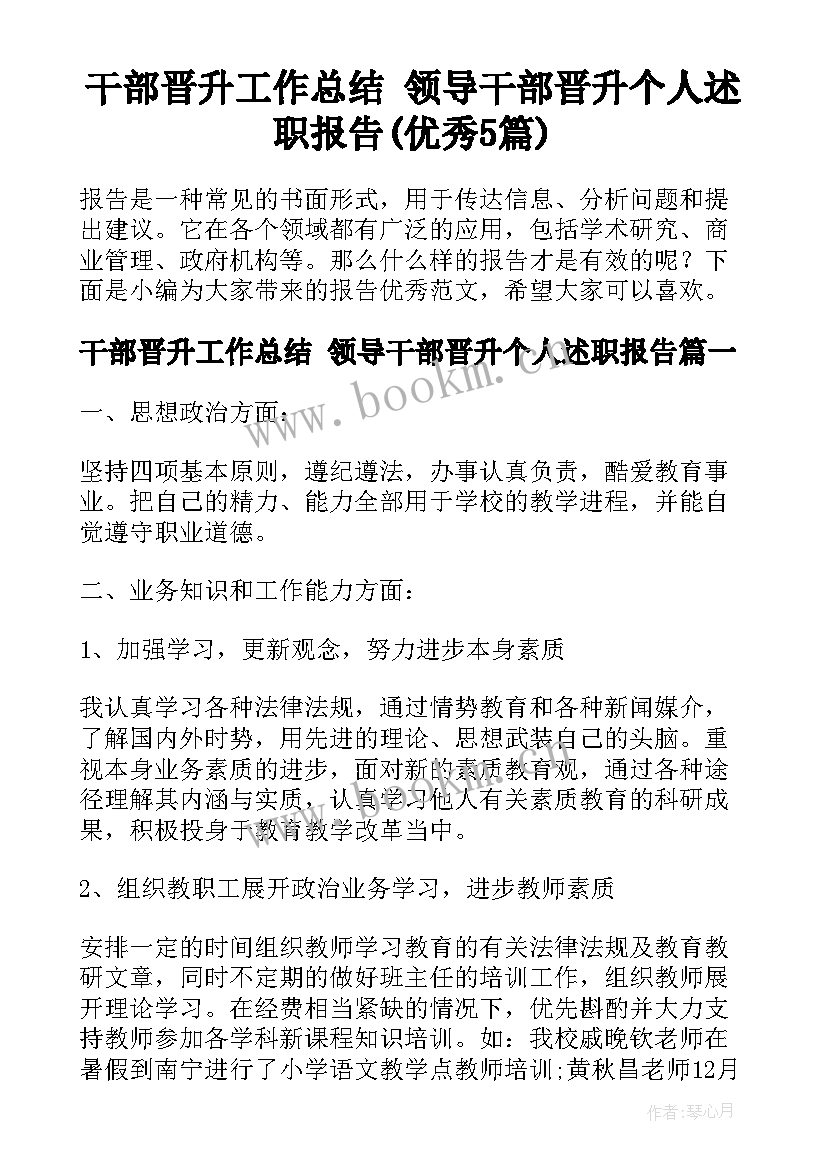 干部晋升工作总结 领导干部晋升个人述职报告(优秀5篇)