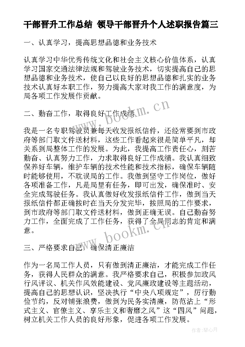 干部晋升工作总结 领导干部晋升个人述职报告(优秀5篇)