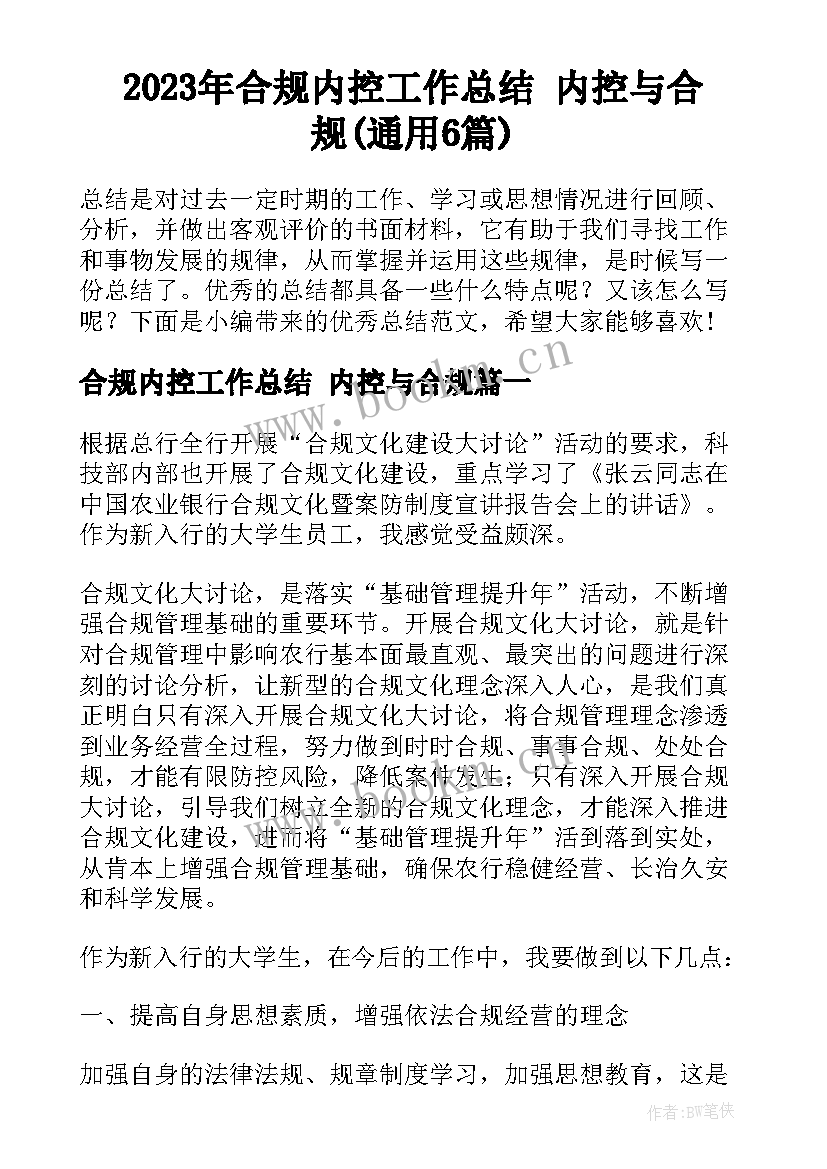 2023年合规内控工作总结 内控与合规(通用6篇)