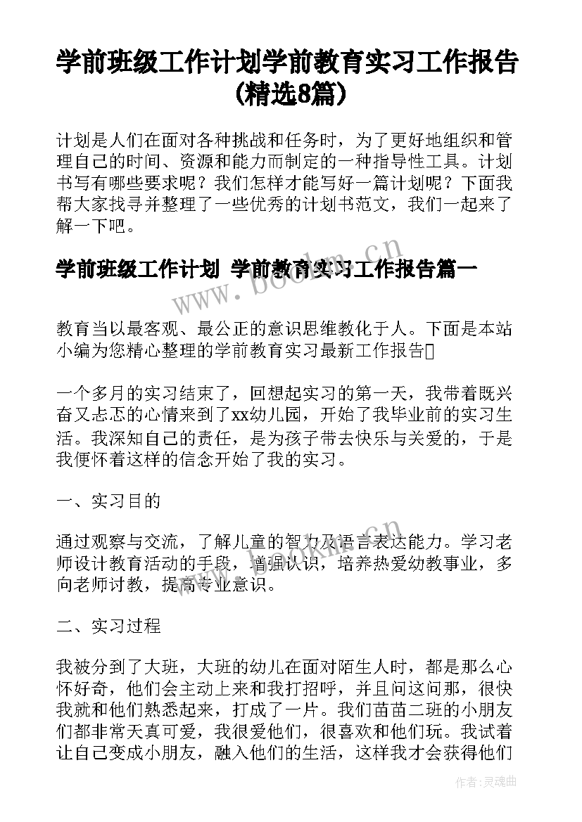 学前班级工作计划 学前教育实习工作报告(精选8篇)