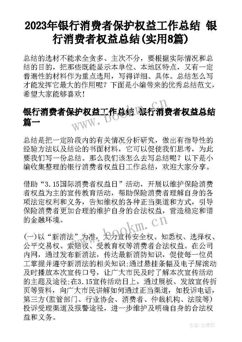 2023年银行消费者保护权益工作总结 银行消费者权益总结(实用8篇)