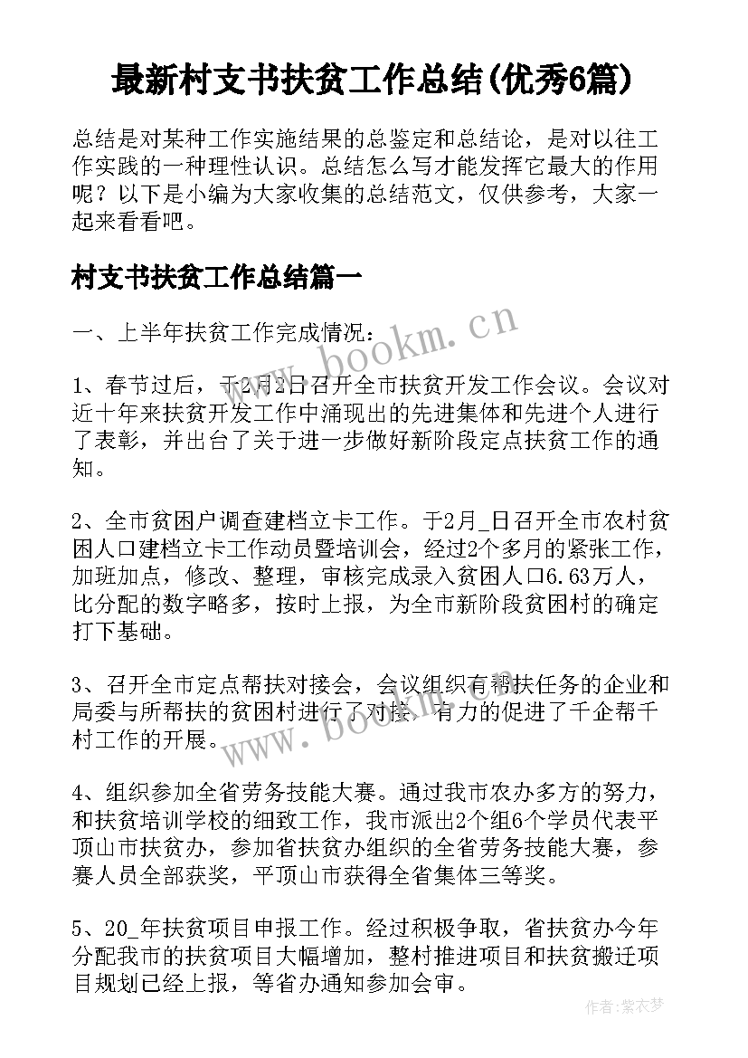 最新村支书扶贫工作总结(优秀6篇)