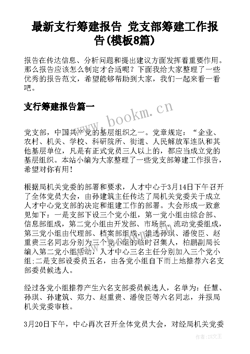 最新支行筹建报告 党支部筹建工作报告(模板8篇)