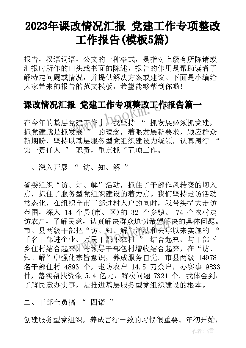 2023年课改情况汇报 党建工作专项整改工作报告(模板5篇)