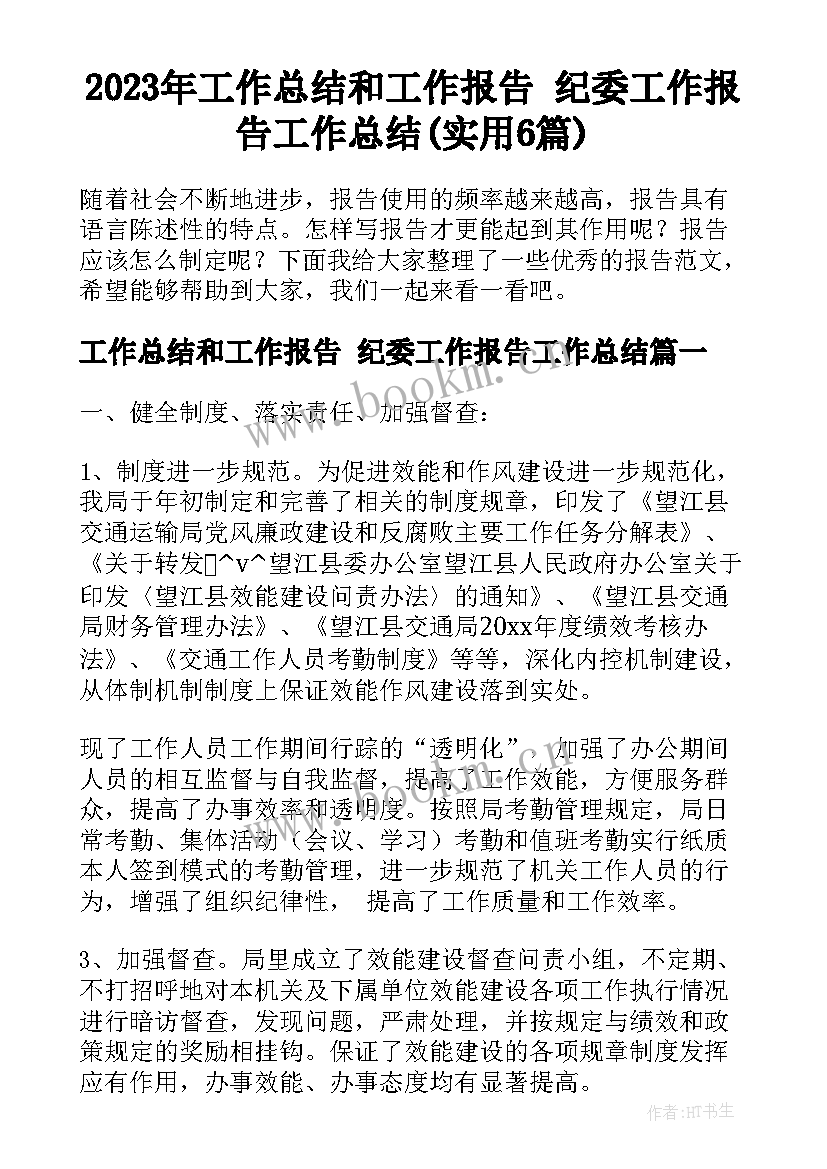 2023年工作总结和工作报告 纪委工作报告工作总结(实用6篇)