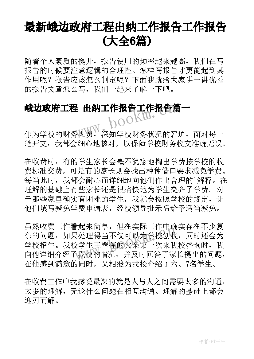 最新峨边政府工程 出纳工作报告工作报告(大全6篇)