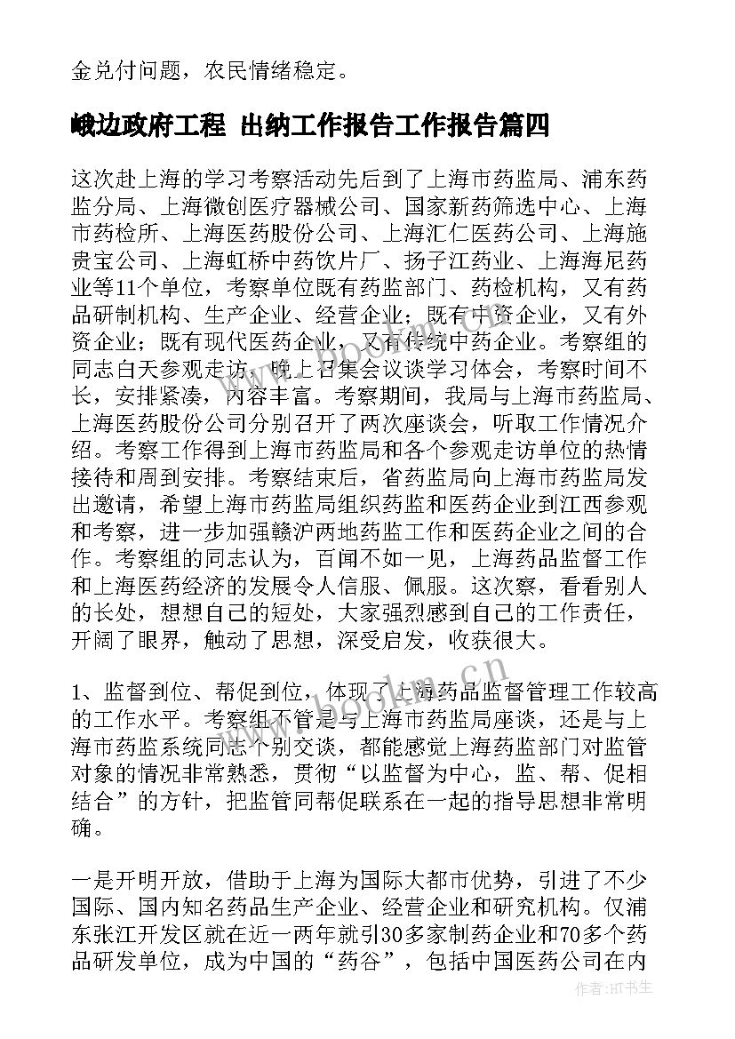 最新峨边政府工程 出纳工作报告工作报告(大全6篇)