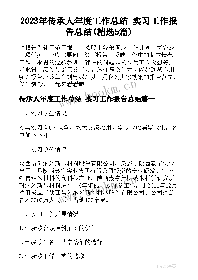 2023年传承人年度工作总结 实习工作报告总结(精选5篇)