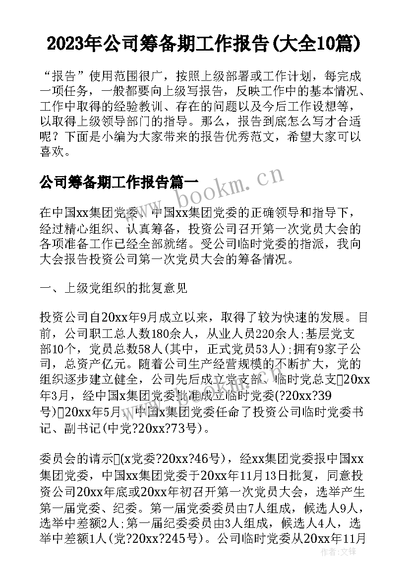 2023年公司筹备期工作报告(大全10篇)