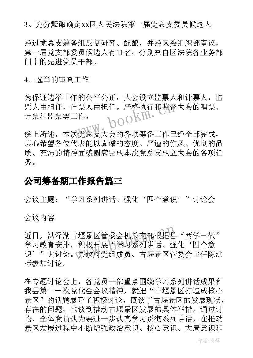 2023年公司筹备期工作报告(大全10篇)