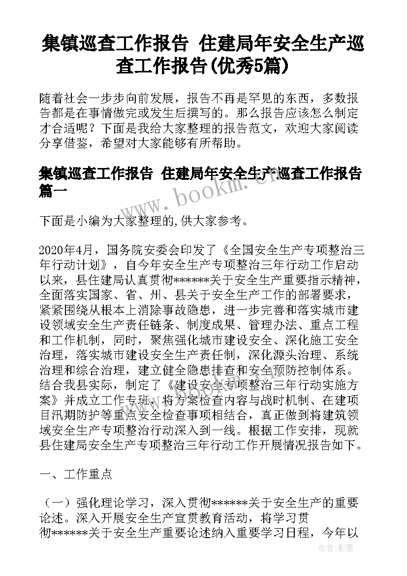 集镇巡查工作报告 住建局年安全生产巡查工作报告(优秀5篇)