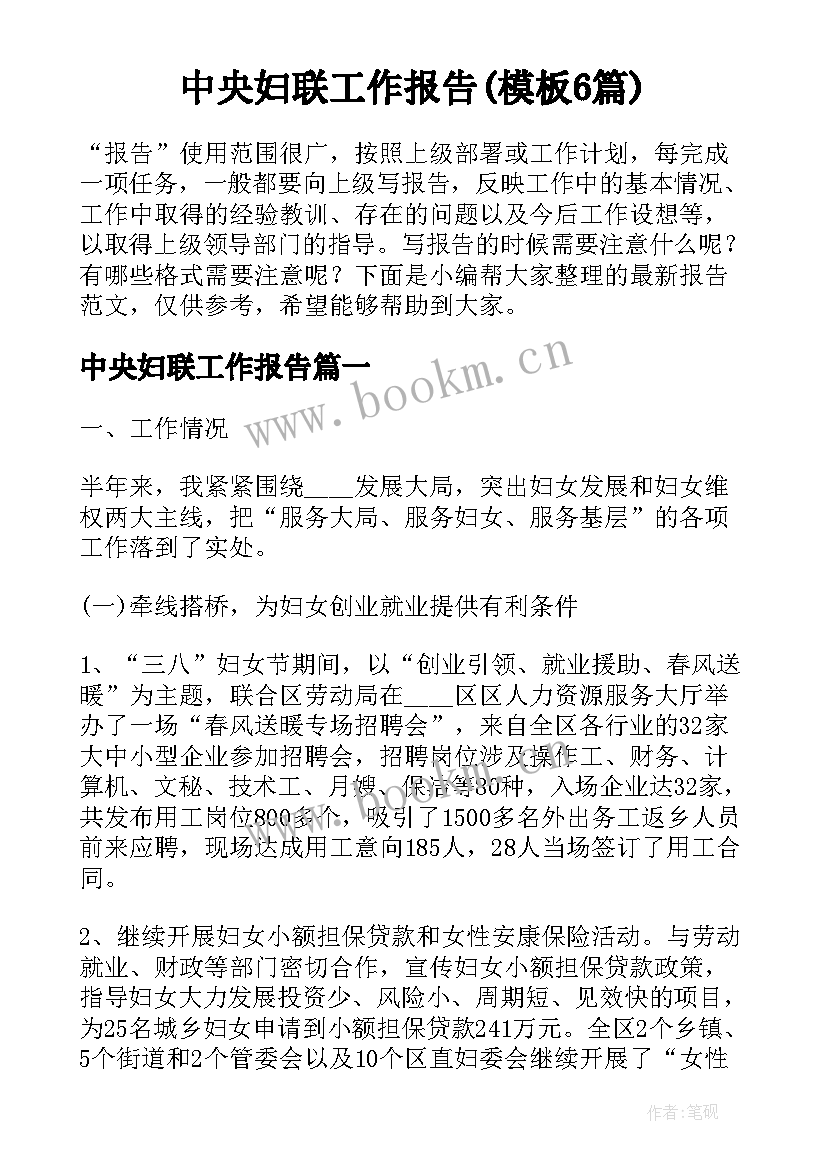 中央妇联工作报告(模板6篇)