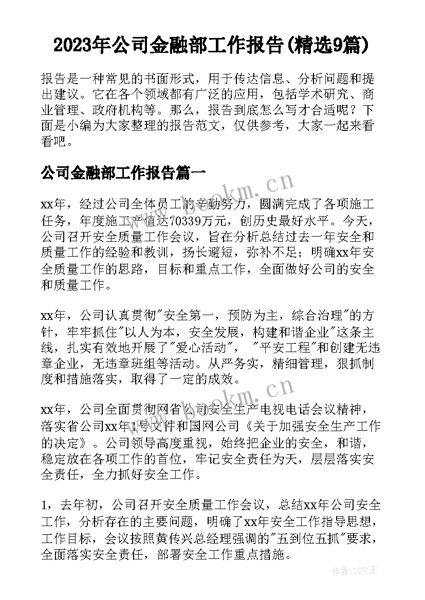 2023年公司金融部工作报告(精选9篇)