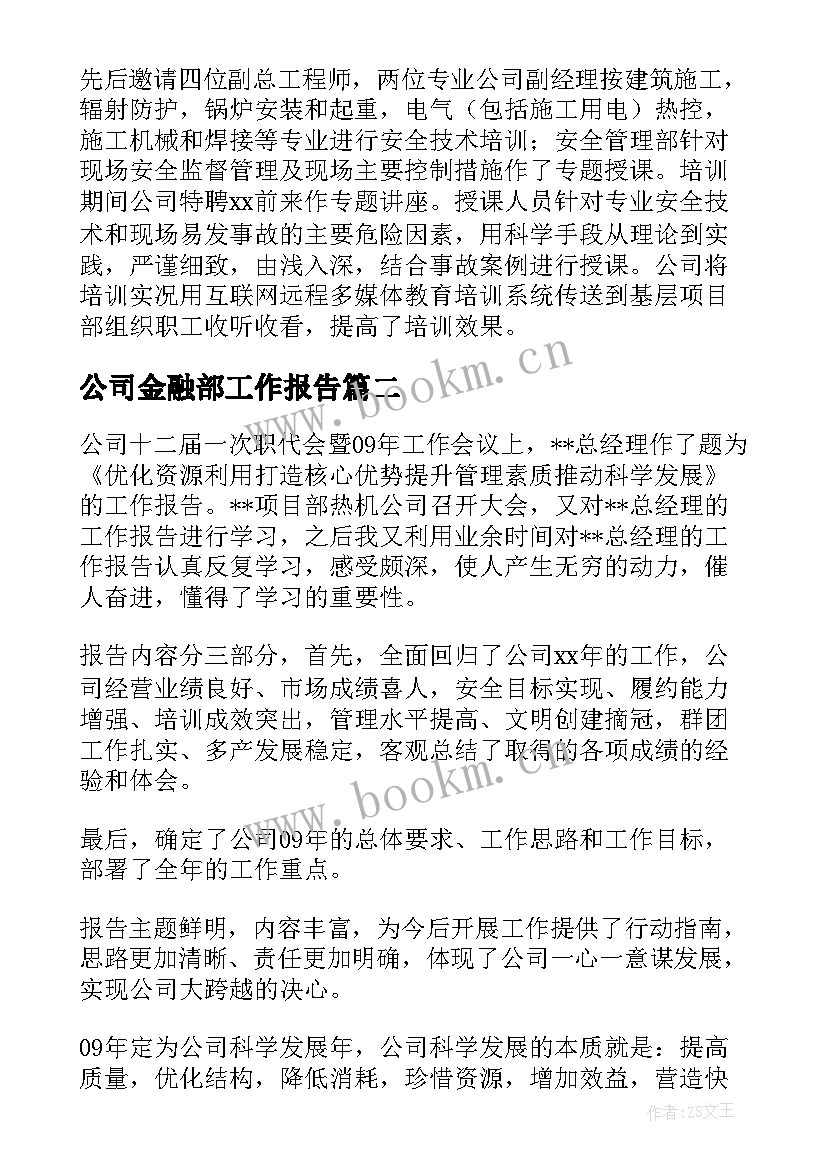 2023年公司金融部工作报告(精选9篇)